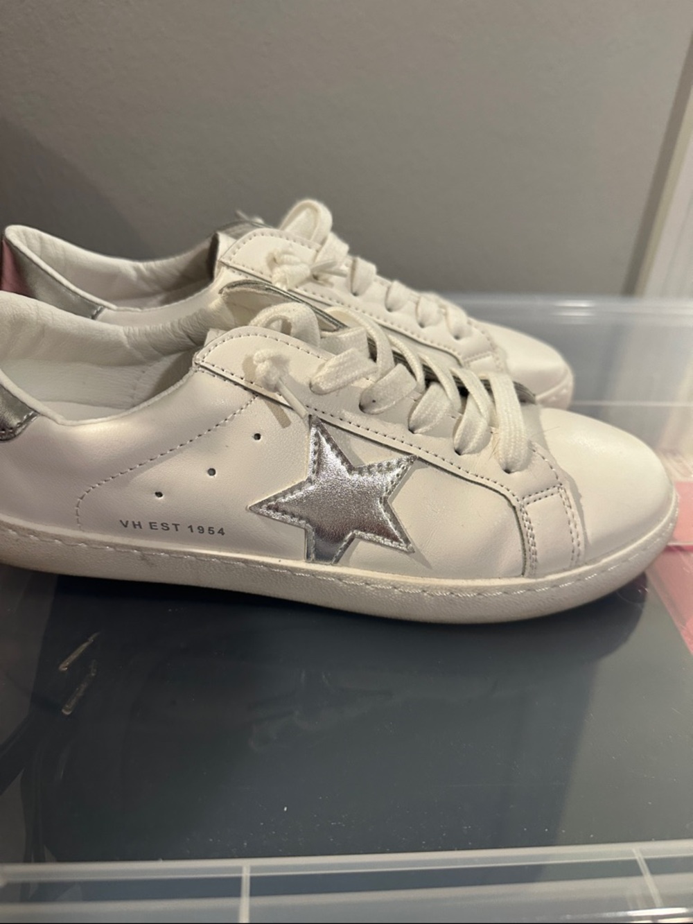 White Leather Sneakers with Silver Star Accent - Picture 5 of 7